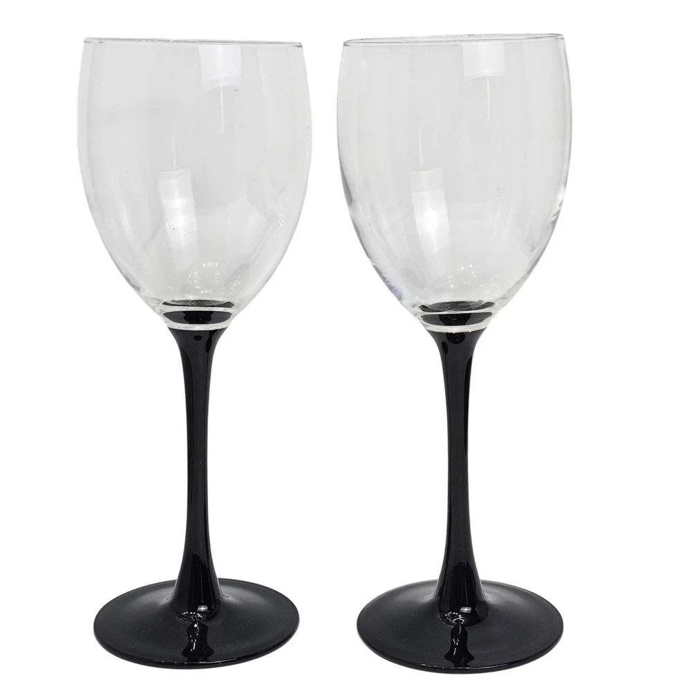 Vintage Luminarc Domino Black Stem Wine Glasses Set of 2 France Clear Bowl 8